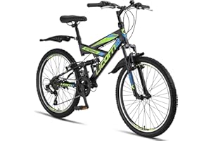 Licorne Bike Premium Mountain Bike Strong da 26 pollici, bicicletta per ragazzi, ragazze, donne e uomini, con cambio Shimano a 21 marce, sospensioni complete