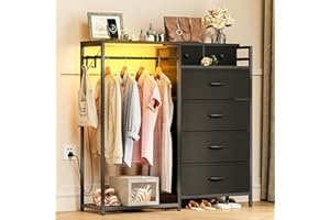 Coleshome Chest of Drawers Bedroom with Hanging Rail, Built-in LED Lighting and Power Socket, Reversible 6-Drawer Design, Fabric Chest of Drawers for Bedrooms and Living Rooms, 110 x 30 x 106cm, Black