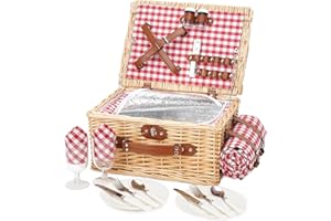 BIRDSINYARD Picnic Basket for 2 People, Picnic Basket Set with Cooling Compartment and Waterproof Picnic Blanket, Cutlery Set, Handmade Wicker Basket, Picnic Basket, Gift for Camping, Beach, Hiking (RotCheck)