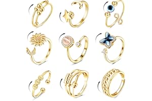 CASSIECA 9 Pièces Spinner Ring Femmes Bande Ring Anneau de Spinner Ouverts Réglables Bague Empilables Bague Zirkonia PlanèteTournesol Fleurs Bague tu ES Mon Soleil Bague Tournoyer Anneaux Cadeau
