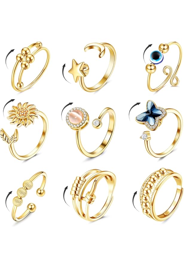 Bague Femme Bague Anti-stress Tournante Tournesol - Argent Avec Strass - Réglable Bague Reglable Femme