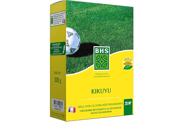 BHS Kikuyu - Gazon Zones Méditerranéennes - 300g - 25 m² - Résistant aux Fortes Chaleurs - Bonne Résistance aux Piétinements KIK300