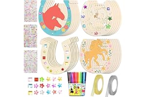 SOETDERT Hufeisen Holz, 24 Stück Unvollendete Hufeisen Basteln Kindergeburtstag Pferde Bastelset, Holz Hufeisenscheibe Zum Bemalen mit Aquarellstift +Glitzerbändern +Glitzersteine für DIY Pferde Deko