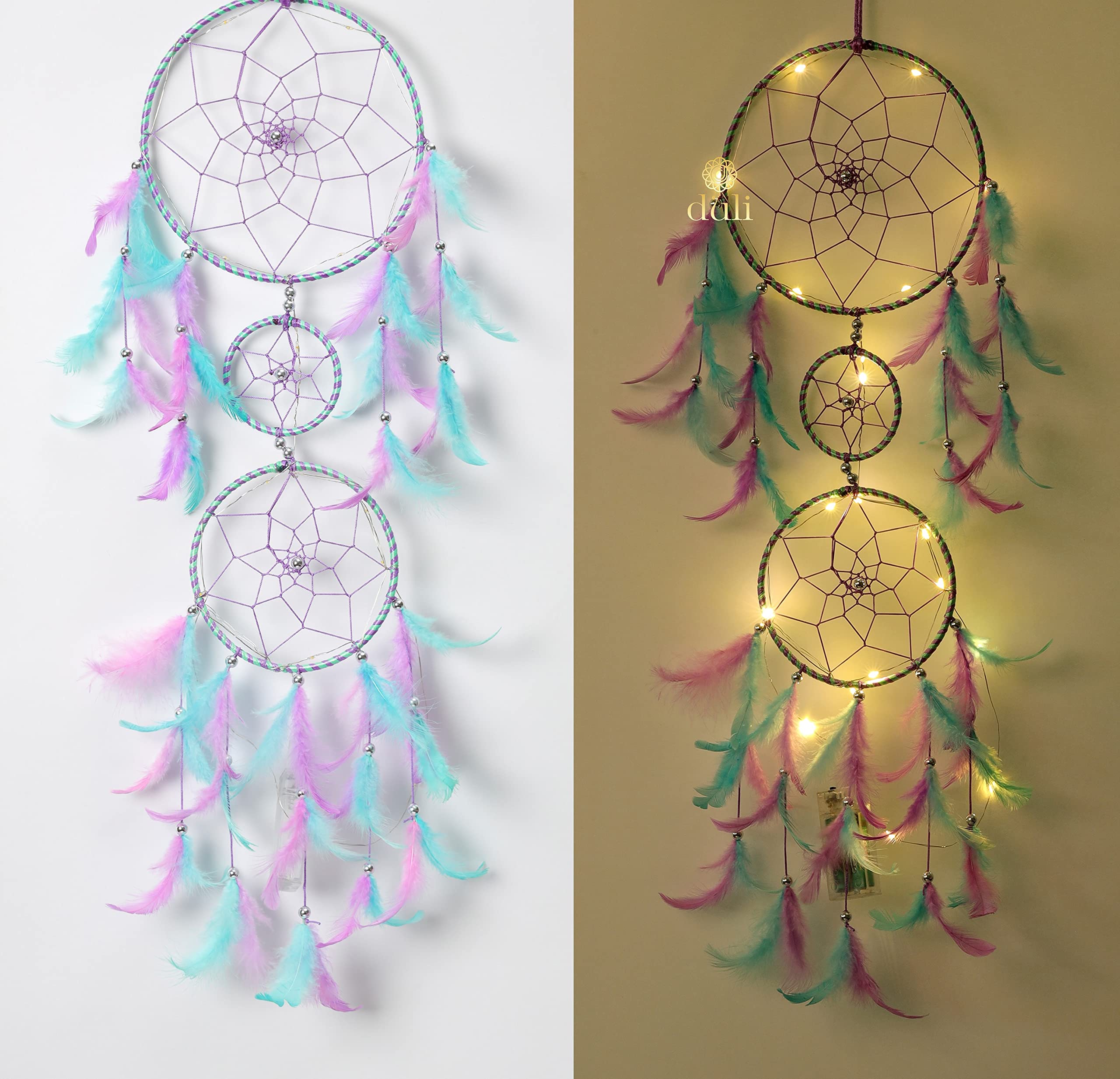 DULI Dream Catcher with Lights, Handmade Dreamcatcher for Bedroom, Balcony, Garden Bedrooms, Party,Home Wall,Hanging Design, 