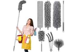 ZZXLOPEZ 7 Pièces Plumeau Telescopique, Poussiere Plumeau Lavable Microfibre, Plumeau Poussiere Telescopique 240 cm, Balai Télescopique pour Ventilateur Plafond, Toile Araignée, Meubles, Voitures