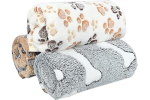 POKEAIR 3 Pcs M Pet Soft Dog Blankets Washable, Puppy Blankets, 60x40cm, Paw Bone Print Pet Throw, Warm Sleep Mat, Pets Cover Blanket, Fluffy Fleece Blanket, Fleece Blanket for Small Medium Large Dog Cat