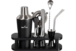 BARMINGO Shaker Cocktail Kit | 11 Pièces, Volume de 700 ML, Noir - Argent | Shaker Cocktail INOX avec Support et Accessoires de Bar | Set Barman Cocktail Shaker | Kit Cocktail Professionnel