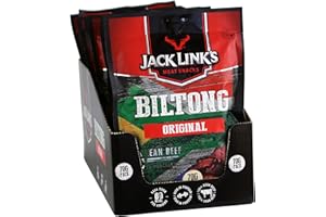 ‎JACK LINK'S Jack Link's Biltong Original – 12er Pack (12 x 70g) – Glutenfreier Fleischsnack - Proteinreiches Trockenfleisch - Leicht Rauchiges Aroma - High Protein-Snack - Perfekt für Unterwegs oder beim Sport