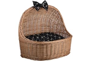 E-WICKER24 ALLES AUS WEIDE e-wicker24 Corbeille en Osier, Niche, Panier Ovale en Osier Naturel avec Joli Coussin Noir imprimé Petits os Maron (Naturel_Noir)
