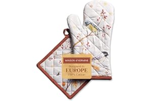 Maison d' Hermine Oak Leaves Ensemble de Gants de Cuisine 100% Coton (19cm x 33cm) et manique (20cm x 20cm) pour Barbecue, Cuisson, Griller, Micro-Ondes, Barbecue, Thanksgiving/Noël