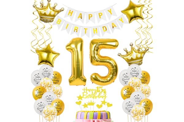 Ballon Anniversaire 15 Ans - Décoration Blanc et Or pour Fille et Garçon - Gateau et Décoration d'Anniversaire