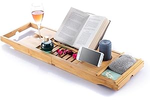 InnovaGoods® Bandeja bañera de Bambu, Bandeja baño Extensible 70-104 cm, Incluye Bandeja extraíble, Bandeja baño con Ranura de sujeción para Smartphone, Soporte para Copas y 3 Niveles de inclinación.