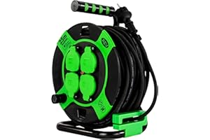 REV Enrouleur de câble, 25 m, H05RR, IP44, 3000 W, câble de rallonge, extérieur, 4 prises, interrupteur thermique, vert