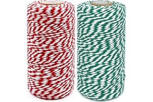 LEECOGO Christmas Twine 2 Rolls 200m 2mm Baker String - Green White and Red White Cotton for Crafts, DIY Home Decoration, String Art, Gardening, Baking, Butchers Cord