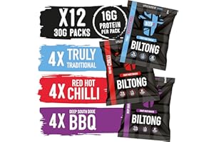 BEEFit Biltong Beef Jerky Flavour Fest - One Bag of Each Flavour - Traditional, Red Hot Chilli & BBQ - Healthy High Protein Snacks, Gluten Free, Perfect for On-The-Go (12x30g)