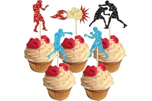 Gyufise Confezione da 25 topper per cupcake per giocatore di pugilato, colore nero, rosso, blu, con glitter, boxer, per cupcake, boxer, palestra, tema baby shower, feste di compleanno, decorazioni