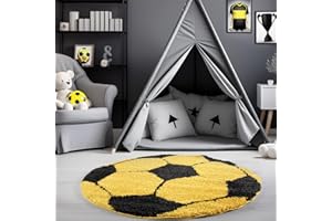 ‎CARPETSALE24 Carpetsale24 Kinderteppich Rund 120 cm Schwarz Gelb – Weicher Hochflor Spielteppich mit Fußball Motiv – Pflegeleicht & rutschfest – Ideal für Jungenzimmer & Mädchenzimmer im Jugendstil