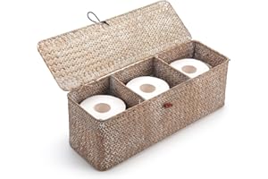 DECRAFTS Whitewash Panier Rangement Jonc de Mer avec Couvercle Rectangulaires Malle en Osier avec Compartiment pour Organiser des Jouets de Collation en Papier Toilette (42cm x 14cm x 14cm)