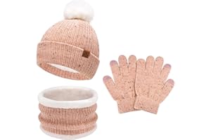 BEQUEMER LADEN Kinder Winter Mütze Loop Schal Handschuhe Set, Pompom Wintermütze Schlauchschal Fäustlinge für 0–4 Jahre Baby Kleinkinder, Strickmütze Touchscreen Handschuhe für 5–8 Jahre Mädchen Jungen