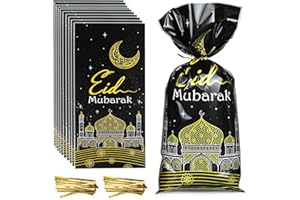 AURASKY 100 Sachet Bonbon Eid Mubarak, Sachets de Friandises de Fête Sacs-Cadeaux de Ramadan, Sac de Bonbons Transparents en Cellophane avec 100 Lien Torsadés pour Eid Mubara(Noir)