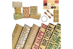 LZRINUE 6 Sheets 70 X 50cm Gift Wrapping Paper, Recyclable Birthday Wrapping Paper with 6 Gift Tags, 2 String, 1 Double-Side Tap, 1 Sticker, Wrapping Paper Perfect for Baby Shower Birthday Gift Wrap.