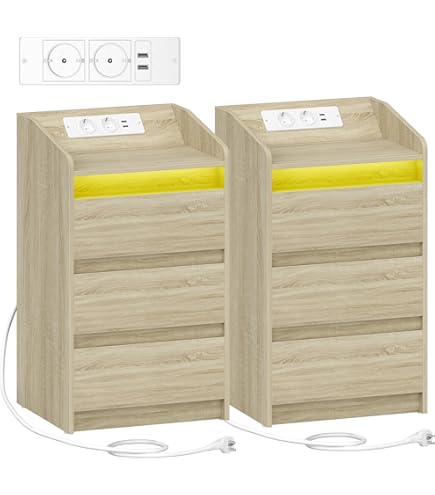 Vlsrka RGB nachtkastje met oplaadfunctie, led-nachtkastje met USB en Type-C stekker, nachtkastje met 24 kleuren licht, modern nachtkastje met 2 laden, houten nachtkastjes, zwart