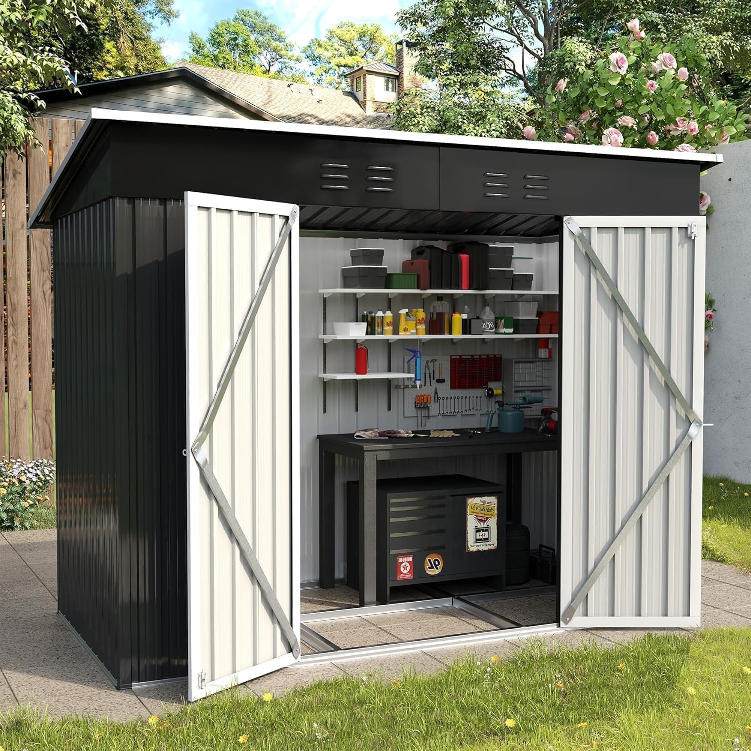 UDPATIO Metal Shed 8x4 FT, Outdoor Garden Storage, Waterproof Metal Shed for Firewood, Garbage Can, Tool, Lawnmower, Bike Shed, Galvanized Steel with Lockable Door for Backyard, Patio, Dark Grey