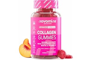 Collagene Marin et Acide Hyaluronique - Gummies de Collagène avec Vitamine C & Biotine - Collagène Hydrolysé Supérieur de Type 1-60 Gummies Pousse Cheveux - Peptide de Collagene - Novomins