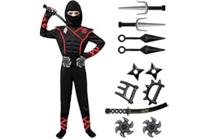 Spooktacular Creations Jungen Ninja Kostüm für Kinder mit Ninja Dolchen und Wurfsternen, Halloween Dress Up Party Karneval (M, red)
