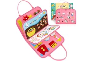MONTEJOY Busy Board Montessori pour Les Tout-Petits, Jouets éducatifs en Feutre, Livres d'activités pour Les Enfants de 1234 Ans, Motricité Fine avec l'alphabet Les Nombres Les Animaux (Rose)