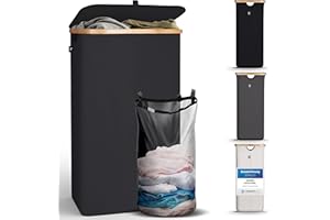 HENNEZ Panier a Linge avec Couvercle - Corbeille a Linge Poignée en Bambou - Paniere a Linge Sale Pliable 100 L - Bac a Linge pour Buanderie,Panier à Linge, Noir