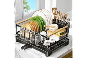 NIBSHOOM Escurreplatos Acero Inoxidable Cocina, Instalación sin Herramientas Escurridor de Platos con Función de Drenaje Automático Escurridor de Platos para Fregadero, Negro