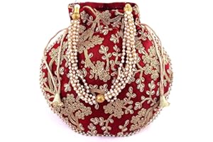 GULAAL ART Indian Handmade Flower Embroidered Olive green Cotton Potli Bag Clutch Purse Pouch Drawstring Bag For Women's Wedding Gift