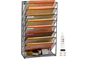 PLSOPPKG Organizador de archivos de pared de 9 niveles, soporte de archivos de pared colgante, soporte de archivos de bolsillo de pared A4, revistero de malla de metal, organizador de correo, soporte