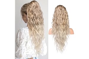 REECHO Ponytail Extension, 26" Long Beach Wave Drawstring Pony Hair Extension Synthetic Pony Tail Hairpiece for Women - Dark Blonde with Light Blonde Ends