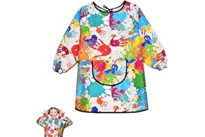 Linkgood Malkittel Schule 1. Klasse, Malschürze Kinder mit Langen Ärmeln und Big Tasche, Tuschkittel Bastelschürze Malerkittel für Kinder von 7-11 Jahren für Schule Kunst Malerei Kochen (120-140CM)