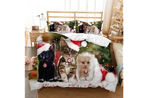 PQCXXA Copripiumino Natalizio, Set di biancheria da letto per bambini, motivo Babbo Natale e alce, copripiumino con chiusura lampo e 2 federe 50 x 75 cm (Gatto, 220x240cm)