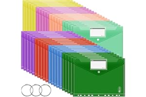AGOER 40 Pack A4 Plastic Wallets - 8 Assorted Colours Plastic File Folders with 11 Holes, Transparent Document Envelopes Wallets with Snap Button and Label Pockets for Office, School, and Home Organization
