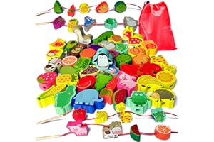 Goujfol Perles en Bois à Enfiler Jouet, 42 Pièces Animaux et Fruits Jouets de Filetage en Bois, Jeux Montessori Éducatifs Enfant Cadeau pour Garçons Filles 2 3 4 Ans