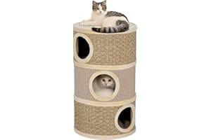 PawHut Kratztonne für Katzen 79 cm Hoch Ø 45 cm Katzentonne mit 3 Etagen Sisalseil, Plüsch Katzenhöhle, Kratzbaum für große Katzen, Khaki+Kaffee