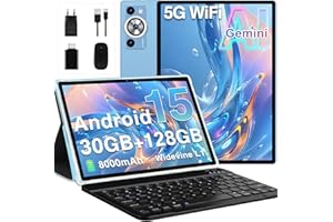 DEERTIME Tablet Android 15 Gemini AI Tablet 10 Pulgadas con 30GB RAM+128GB ROM/TF 2TB, Octa-Core 2.0 GHz, 8000mAh, 5G WiFi, GMS Tablets Widevine L1 FHD, 8+5MP, BT 5.0, GPS, Funda, Teclado y Ratón - Azul
