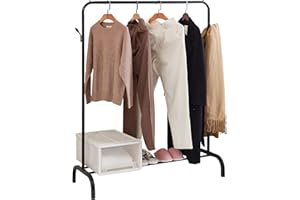 WEASHUME Kleiderständer, Kleiderstange Stabil auf Metall Freistehender Kleiderstangen Multifunktionales Kleiderständer mit Ablage und 2 Haken Schlafzimmer Kleiderständer, Schwarz