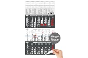 TOBJA Kalendarz ścienny 2026 – Widok 3 miesięcy z suwakiem daty – Wersja UE – Antracyt – Duży format 30 x 56 cm – Papier z certyfikatem FSC