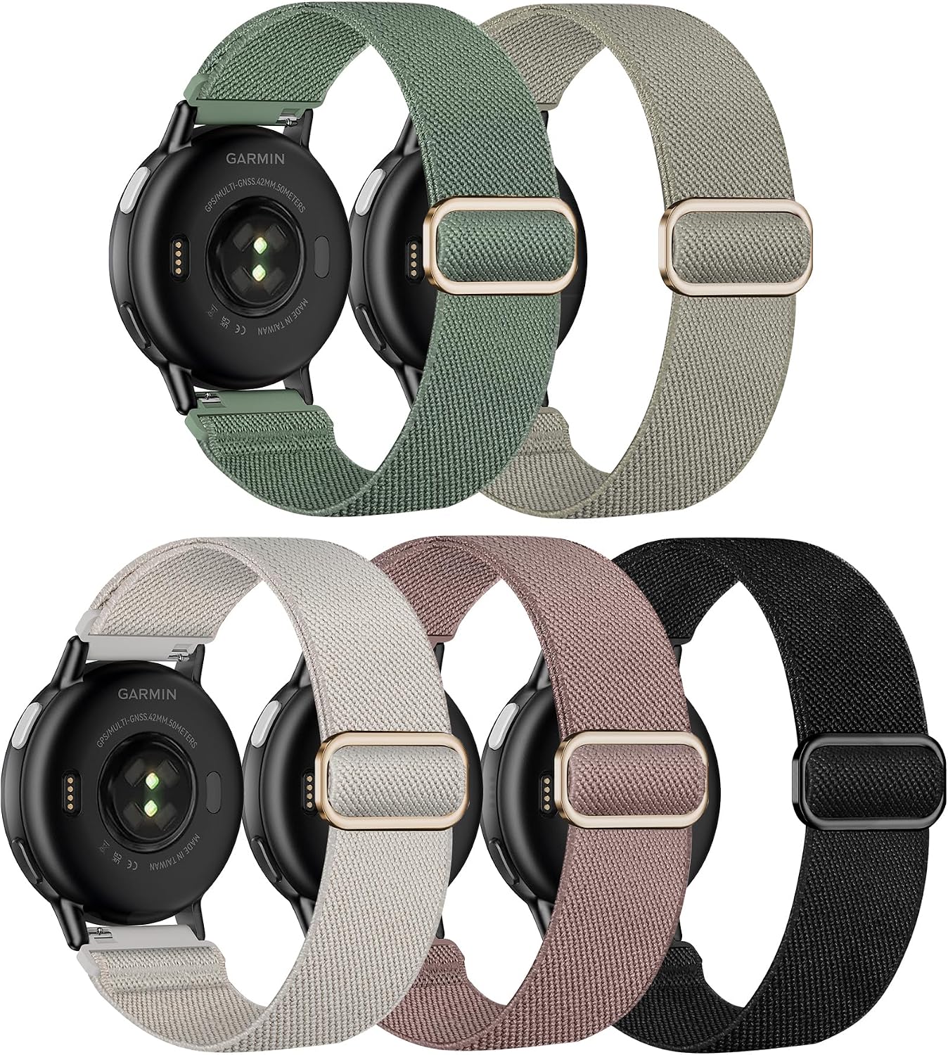 Laband 20mm Nylon Watch Straps for Garmin Vivoactive 6/5/3/3 Music/Forerunner165/55/645/245/570 42mm band, 5 Pack Soft Stretchy Fabric Adjustable Replacement Sport Straps for Venu/Venu Sq 2 Women Men
