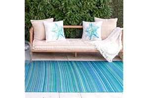 FAB HABITAT FAB HAB Alfombra de Exterior Impermeable Resistente a la decoloración sin Arrugas de plástico Reciclado de Alta a Rayas para balcón Pasillo Piscina Cancún Turquesa y Verde Musgo 90cm x 150cm