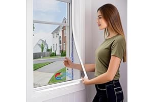 OWYR Adjustable Magnetic Fly Screen Window - DIY Fit Up to 120x190cm, Fiberglass Insect Mesh for Mosquito Net & Bug Screen, Full Frame Magnetic Strip Easy Installation (White Frame White Net)