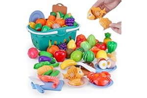 KidMigo Kinderküche Zubehör, 40 Artikel, 83 Stück Schneidespielzeug, Zubehör Kinderküche mit Aufbewahrungskorb, Spielzeug-Früchte, Spielnahrung für Mädchen Jungen Geburtstag Lerngeschenk.