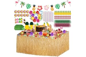 HAVACUE ㅤ HavaCue 200 STK Hawaii Party Dekoration Set, Tropische Hawaii Party Deko Tisch, Hawaii Luau Tischröcke Kit mit 50 Papier Strohhalme, Kuchengabeln,Künstliche Palmenblätter,Ananas Honigwaben