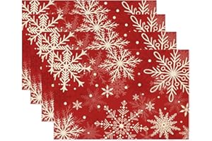 TARKLANDA Christmas Placemats Set of 4, Winter Red Snowflake Table Mats, Washable Non-Slip Linen Place Mats for Xmas Party Home Dining Table Decoration, 30 x 45cm