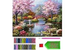 ARTULIO Diamond Painting Kit Completo - Paesaggio primaverile con ponte rosso - 30x40cm - Pittura Diamante Fai da Te, Diamond Painting Kit 5D DIY